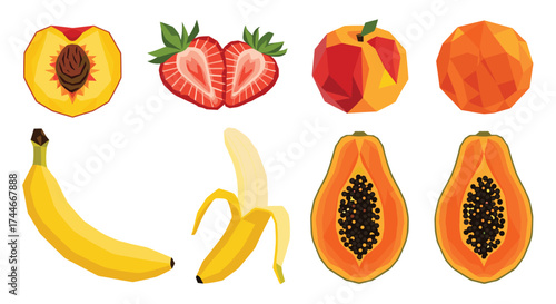 A collection of colorful fresh fruits including peaches strawberries bananas and papayas.