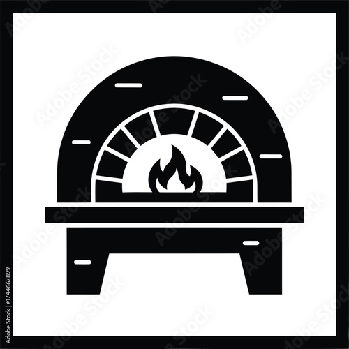 Black silhouette icon of a traditional wood fired pizza oven with flames inside enclosed in a square frame
