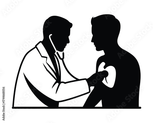 Black silhouette of doctor examining patient's heart stethoscope examination
