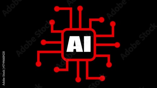 Red AI Chip Circuit Board Icon on Black Background artificial intelligence