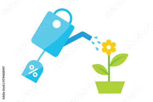Growing Discount A blue watering can waters a flower, symbolizing savings