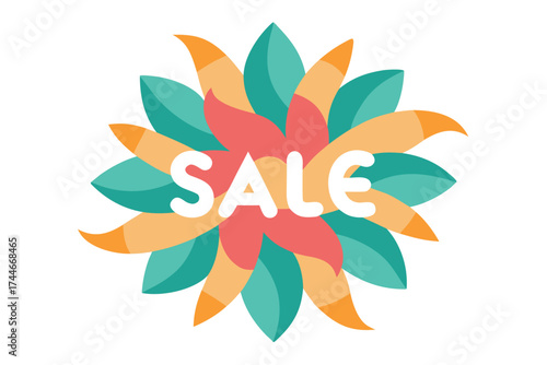 Colorful floral Sale sign, flower made of tropical teal and orange petals