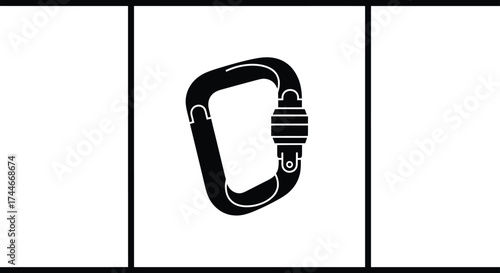 Black silhouette of a locking carabiner with a screw gate isolated on a white background