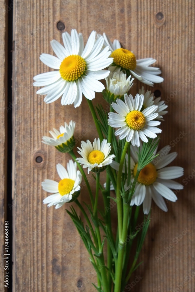 Obraz premium A charming bouquet of delicate white daisies with sunny yellow centers, artfully arranged against a rustic wooden backdrop.