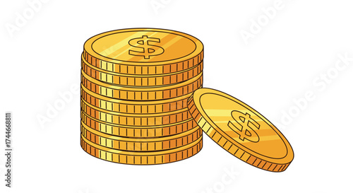 A stack of shiny gold coins with one coin leaning against it signifying wealth and prosperity.