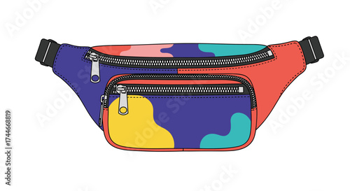 A vibrant abstract pattern fanny pack with multiple zippered compartments for secure storage.