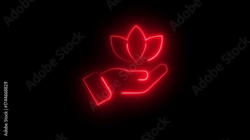 Red Neon Outline of Hand Holding Lotus Flower on Black Background image photo