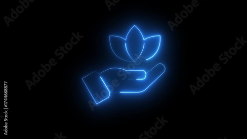 Blue Neon Outline of Hand Holding Lotus Flower on Black Background image photo