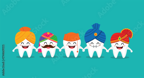 Five happy cartoon teeth wearing different colorful turbans and holding hands together celebrating unity and diversity.