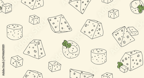 A seamless pattern of various cheese illustrations with delicate dashed lines and small green leaves accentuating some pieces.