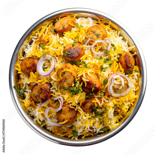 Indian Soya Chunk Biryani with raita sauce in a bowl. Traditional vegetarian rice dish, top view isolated on black background.