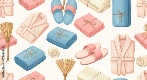 A collection of spa items including bathrobes towels and slippers is displayed.