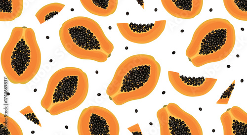 A delightful pattern featuring ripe papaya slices and seeds on a clean white background.