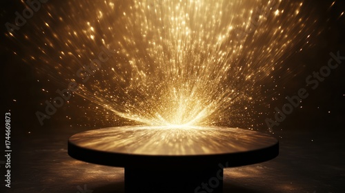 Gold sparks explode on round black podium