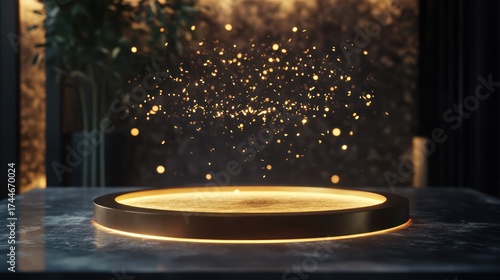 Golden circular podium, glitter effect, dark interior, product display