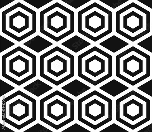 Seamless geometric pattern of black and white optical lines and hexagonal shapes