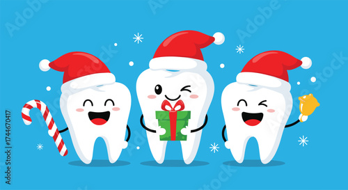 Happy cartoon teeth wearing santa hats celebrating christmas with festive items like candy canes and gifts.
