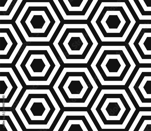 Seamless geometric pattern of black and white optical lines and hexagonal shapes