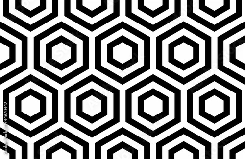 Seamless geometric pattern of black and white optical lines and hexagonal shapes