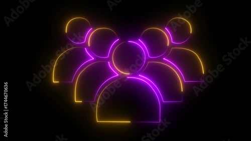 Neon purple and yellow outline of a group of people icon on black background symbol