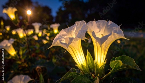 White datura blossoms opening at night, glowing softly like spirits in the dark 
