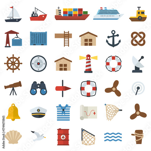 Modern nautical vector set with cute flat design elements for travel agencies and maritime businesses, perfect for branding and promotional material
