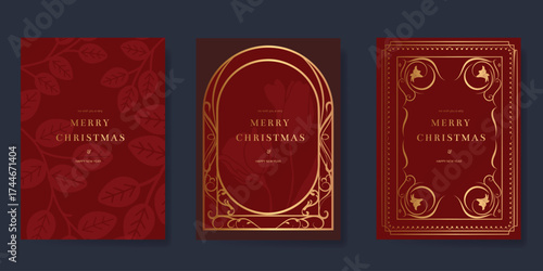 Christmas and Happy Holidays card vector set. Luxury gold victorian frame, tulip flower, leaves silhouette on red background. Design illustration for poster, cover, invitation, ads.