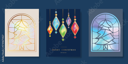 Christmas and Happy Holidays card vector set. Glasswork decorative, gothic stained glass and christmas ornament on beige, navy blue and gray background. Design illustration for poster, cover, ads.