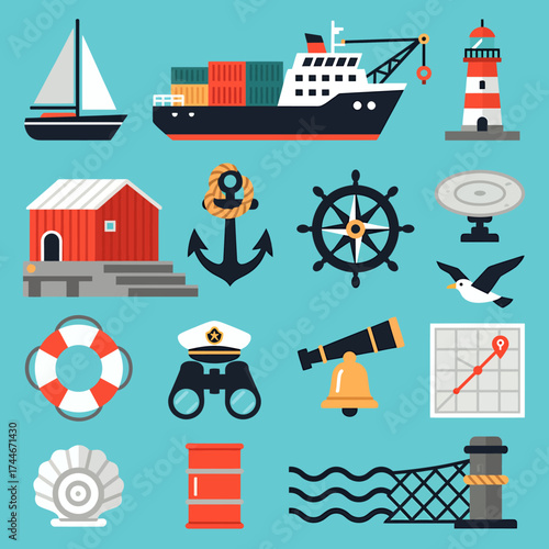 Nautical adventure awaits with this vibrant marine collection featuring a cargo ship, lighthouse, anchor, and seaside charm on a serene blue backdrop
