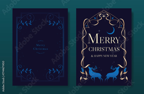 Christmas and Happy Holidays card vector set. Luxury gold victorian frame, reindeer, leaves branch on navy blue background. Design illustration for poster, cover, invitation, ads.