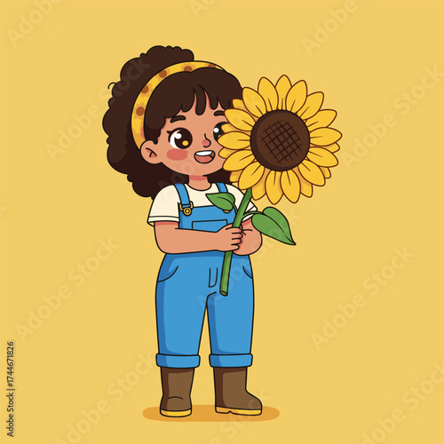 Cartoon child with curly hair holding a sunflower, wearing leopard-print headband, white shirt, and blue overalls, smiling on light yellow background.