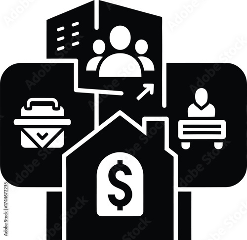 Conceptual illustration of real estate investment and property management with financial and human resources