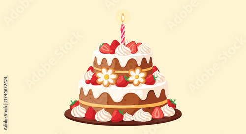 A delicious tiered cake with strawberries and frosting adorned with a single lit candle.