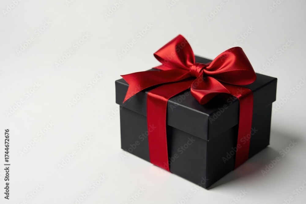 Obraz premium A Beautifully Wrapped Black Gift Box with a Crimson Ribbon Bow on a White Background