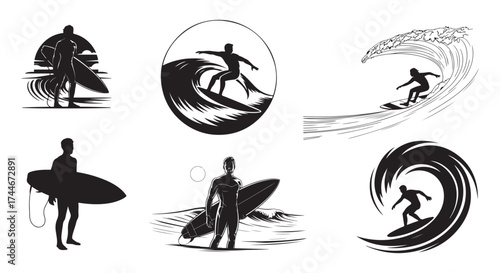 Surfer Silhouette Vector Art – Surfing Illustrations, Ocean Wave Graphics.