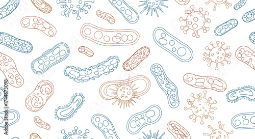 A seamless pattern featuring various microscopic organisms with distinct cellular structures for educational or scientific illustration.