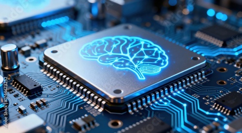 Artificial Intelligence (AI) Microchip with Digital Brain Icon on Circuit Board. Advanced Neural Network Computing and Technology.