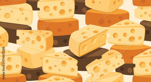 A delicious assortment of swiss cheese wedges and blocks piled up against a neutral background.