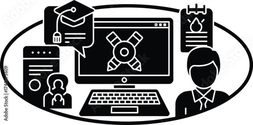 Digital education and online learning concept with computer graduation cap and teacher icons