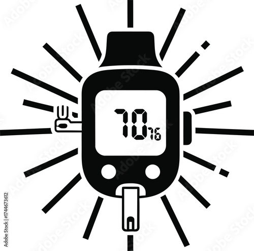Digital glucose meter with blood drop symbol and radiating lines symbolizing measurement