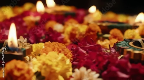 Naraka Chaturdashi : Mesmerizing Close-Up of Glowing Diwali Diyas with Flickering Flames Amidst Colorful Marigold Flowers.