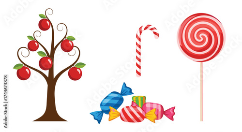 A sweet assortment featuring a candy apple tree lollipop and wrapped sweets.