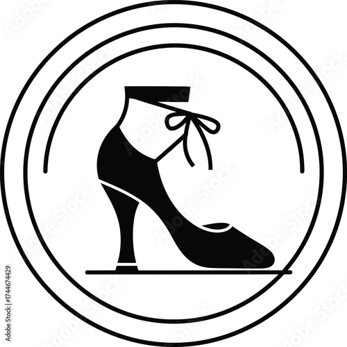 Elegant black silhouette of a high heeled dancing shoe with ankle straps and laces inside concentric circles