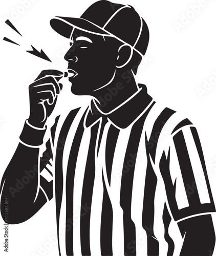 Referee blows whistle, signals game stop action
