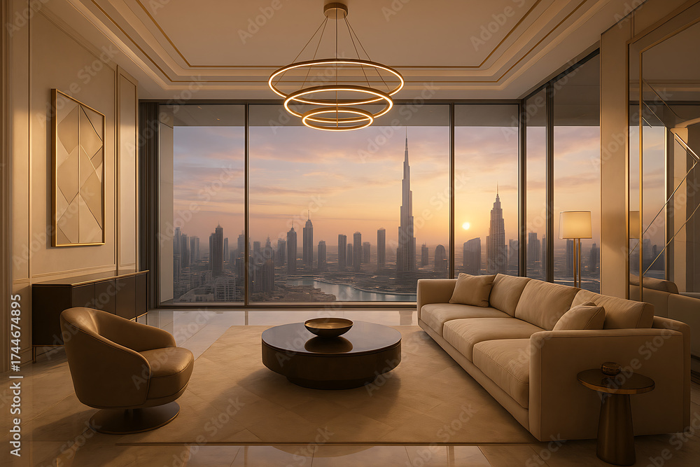 Luxury house in Dubai with contemporary art deco interior, featuring designer furniture and expansive glass windows showcasing stunning views of the city skyline and iconic skyscrapers. ( Generated with AI ) Luxury house in Dubai with contemporary art deco interior, featuring designer furniture and expansive glass windows showcasing stunning views of the city skyline and iconic skyscrapers. ( Generated with AI )