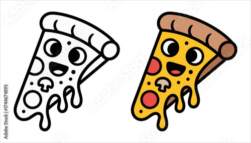 Cute Pizza Slice Vector, Happy Cartoon Food Illustration, Cartoon Pizza Icon, Fun Food, Snack, and Restaurant Vector Graphic, Happy Pizza Slice Illustration, Fast Food, Cheese, and Pepperoni.