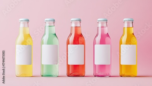 Five colorful soda bottles with blank labels against a pastel pink background