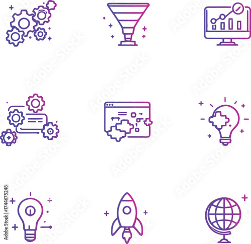 Gradient business and tech icons in 3x3 grid, innovation, analytics, cloud, startup, global concept design on white