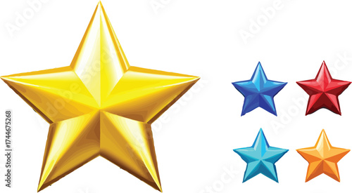 Glossy gold and multicolor 3D stars on white background, vibrant metallic design elements for festive and creative use