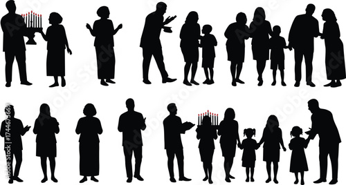 Family and friends silhouettes, people celebrating together, holiday candles, group communication, togetherness and warmth, festive gathering scene, community and tradition illustration